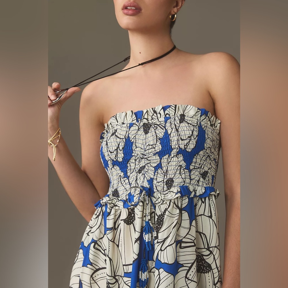 🖤Farm Rio x Anthropologie Strapless Smocked Floral Ruffle Mini Dress | Size L